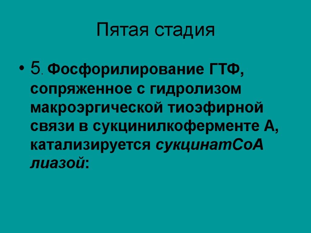 Пятая стадия 5. Фосфорилирование ГТФ, сопряженное с гидролизом макроэргической тиоэфирной связи в сукцинилкоферменте А,